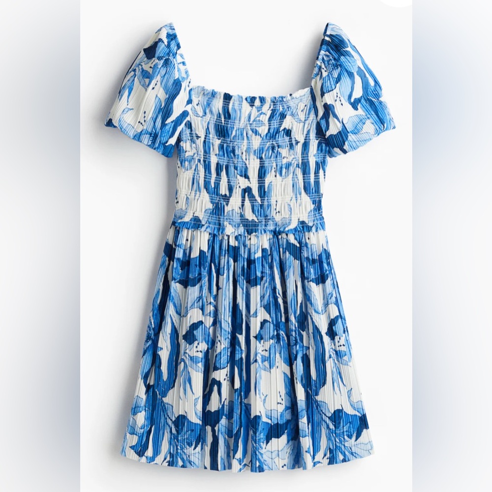 Blue and White Off-Shoulder Dress